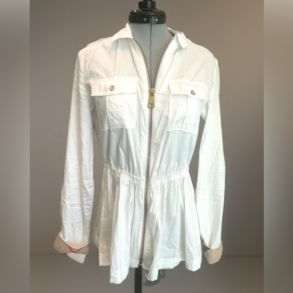 Burberry Brit Zip Up jacket, peplum, epaulettes,Nova check cuffs, XS, like new